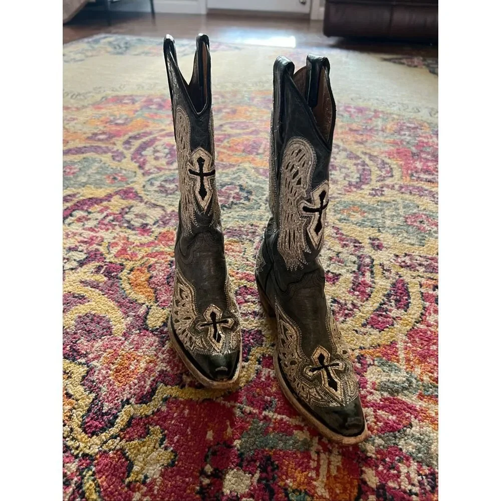 Corral Boots Black Cross & Wings Embroidered Western Boots Size 2.5 Girls